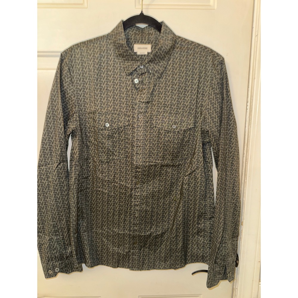 Zadig & Voltaire Thibaut Voile Monogram Button Down Shirt Olive Green Small